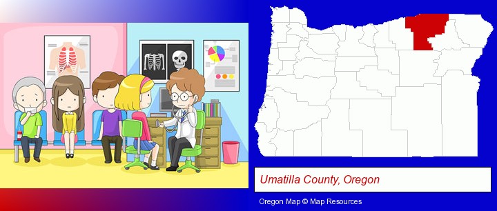 a clinic, showing a doctor and four patients; Umatilla County, Oregon highlighted in red on a map