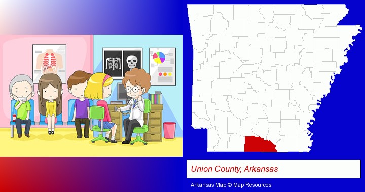 a clinic, showing a doctor and four patients; Union County, Arkansas highlighted in red on a map