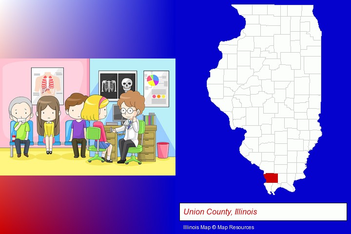 a clinic, showing a doctor and four patients; Union County, Illinois highlighted in red on a map