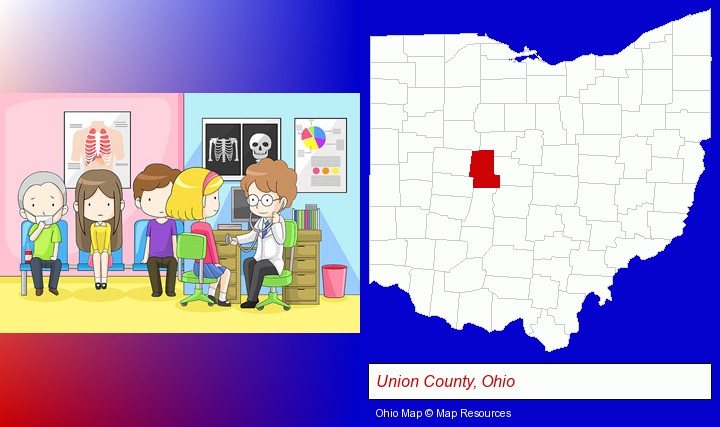 a clinic, showing a doctor and four patients; Union County, Ohio highlighted in red on a map