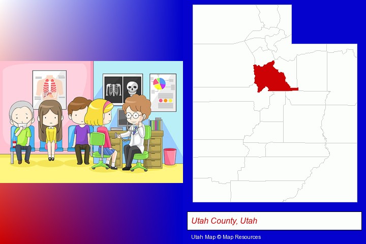 a clinic, showing a doctor and four patients; Utah County, Utah highlighted in red on a map