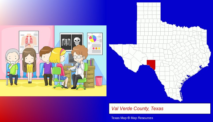 a clinic, showing a doctor and four patients; Val Verde County, Texas highlighted in red on a map