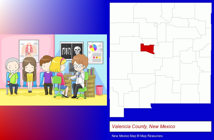 a clinic, showing a doctor and four patients; Valencia County, New Mexico highlighted in red on a map
