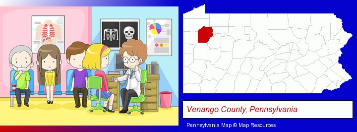 a clinic, showing a doctor and four patients; Venango County, Pennsylvania highlighted in red on a map