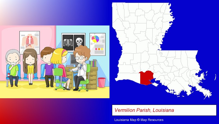 a clinic, showing a doctor and four patients; Vermilion Parish, Louisiana highlighted in red on a map