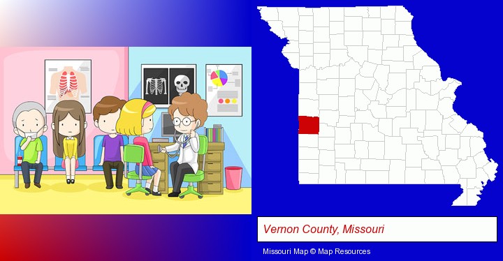 a clinic, showing a doctor and four patients; Vernon County, Missouri highlighted in red on a map