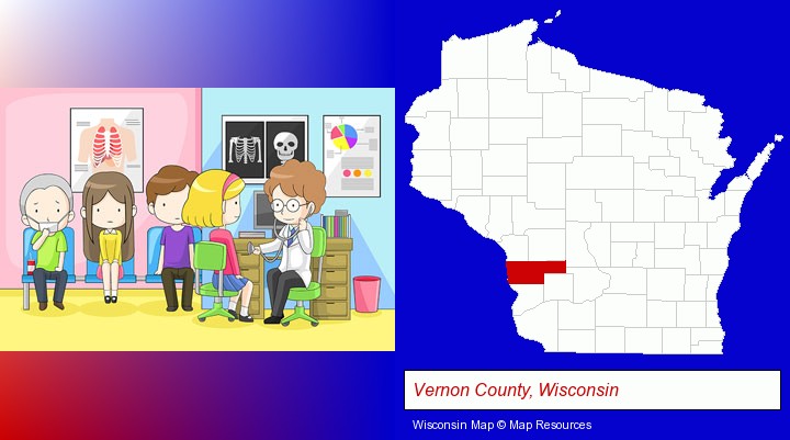 a clinic, showing a doctor and four patients; Vernon County, Wisconsin highlighted in red on a map