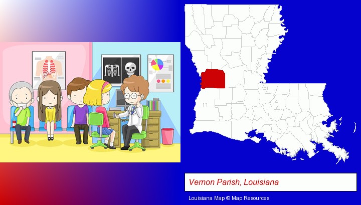 a clinic, showing a doctor and four patients; Vernon Parish, Louisiana highlighted in red on a map
