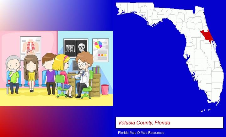 a clinic, showing a doctor and four patients; Volusia County, Florida highlighted in red on a map