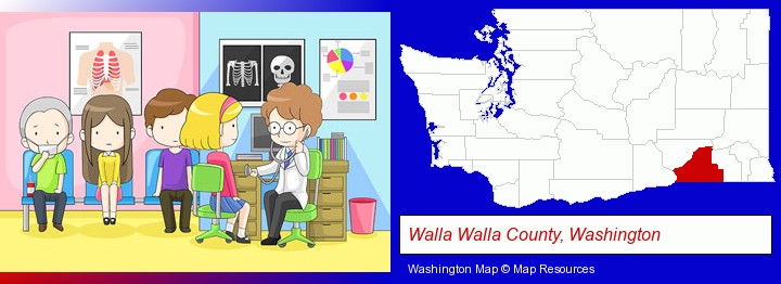a clinic, showing a doctor and four patients; Walla Walla County, Washington highlighted in red on a map