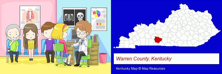 a clinic, showing a doctor and four patients; Warren County, Kentucky highlighted in red on a map