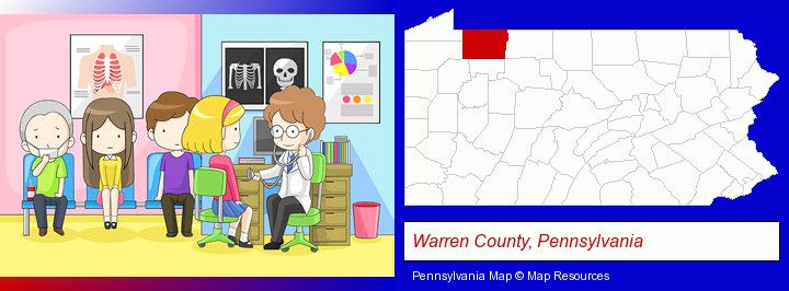 a clinic, showing a doctor and four patients; Warren County, Pennsylvania highlighted in red on a map