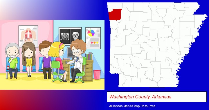 a clinic, showing a doctor and four patients; Washington County, Arkansas highlighted in red on a map