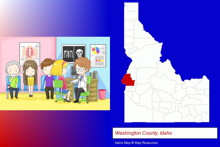 a clinic, showing a doctor and four patients; Washington County, Idaho highlighted in red on a map