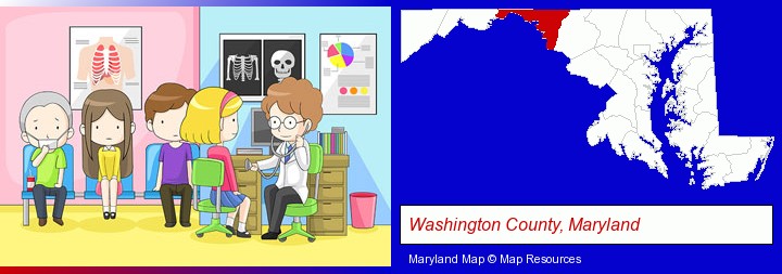 a clinic, showing a doctor and four patients; Washington County, Maryland highlighted in red on a map