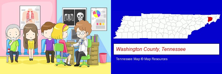a clinic, showing a doctor and four patients; Washington County, Tennessee highlighted in red on a map
