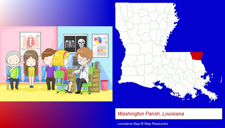 a clinic, showing a doctor and four patients; Washington Parish, Louisiana highlighted in red on a map