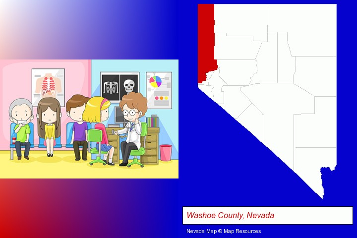 a clinic, showing a doctor and four patients; Washoe County, Nevada highlighted in red on a map