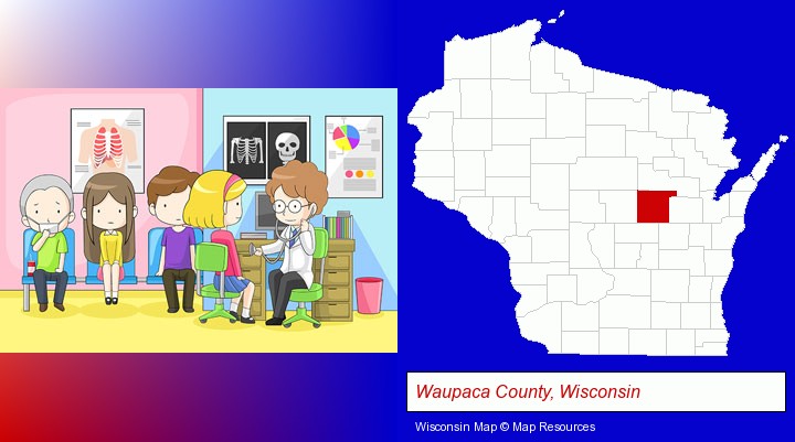 a clinic, showing a doctor and four patients; Waupaca County, Wisconsin highlighted in red on a map