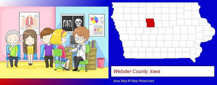 a clinic, showing a doctor and four patients; Webster County, Iowa highlighted in red on a map