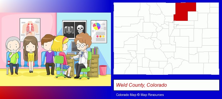 a clinic, showing a doctor and four patients; Weld County, Colorado highlighted in red on a map
