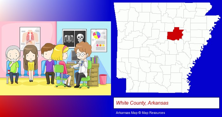 a clinic, showing a doctor and four patients; White County, Arkansas highlighted in red on a map
