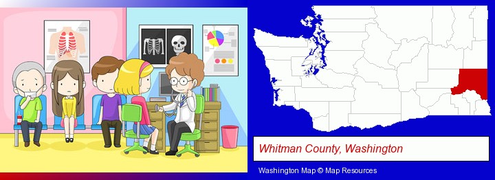 a clinic, showing a doctor and four patients; Whitman County, Washington highlighted in red on a map