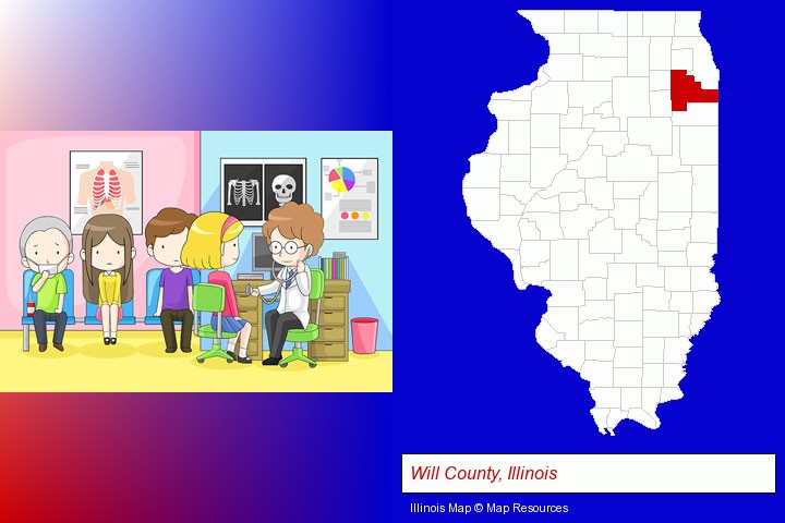 a clinic, showing a doctor and four patients; Will County, Illinois highlighted in red on a map