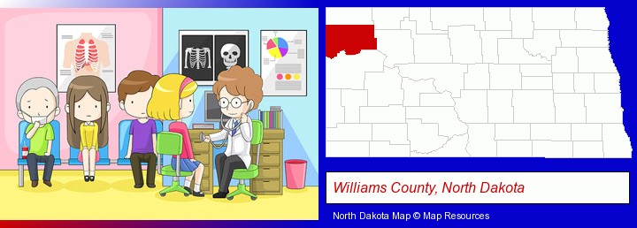 a clinic, showing a doctor and four patients; Williams County, North Dakota highlighted in red on a map