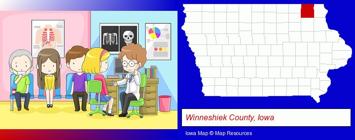 a clinic, showing a doctor and four patients; Winneshiek County, Iowa highlighted in red on a map