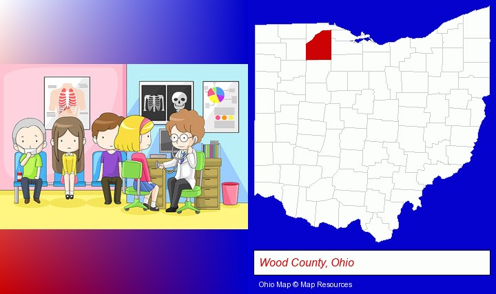 a clinic, showing a doctor and four patients; Wood County, Ohio highlighted in red on a map