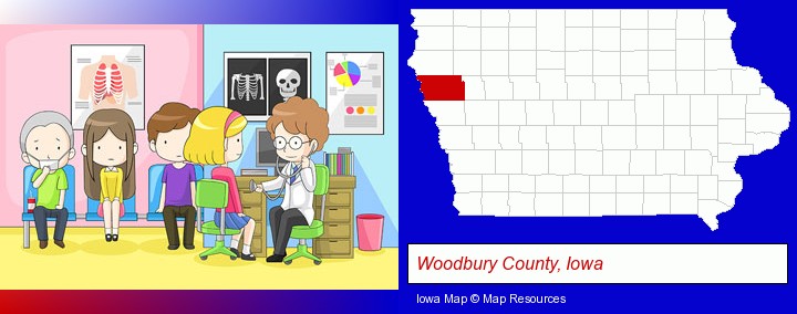 a clinic, showing a doctor and four patients; Woodbury County, Iowa highlighted in red on a map