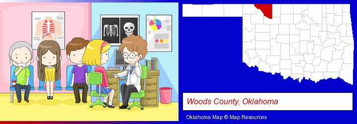 a clinic, showing a doctor and four patients; Woods County, Oklahoma highlighted in red on a map