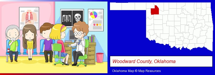 a clinic, showing a doctor and four patients; Woodward County, Oklahoma highlighted in red on a map