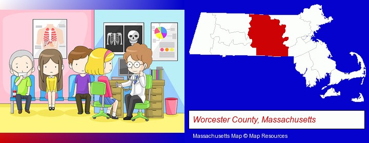 a clinic, showing a doctor and four patients; Worcester County, Massachusetts highlighted in red on a map