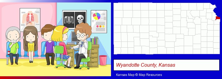 a clinic, showing a doctor and four patients; Wyandotte County, Kansas highlighted in red on a map