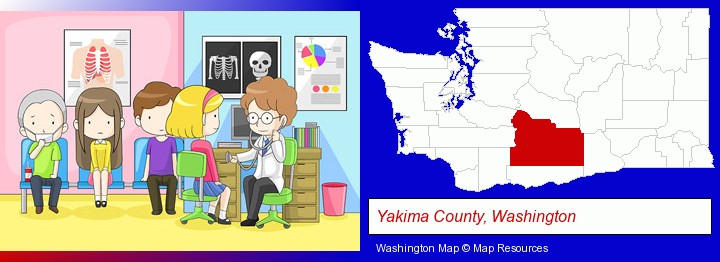 a clinic, showing a doctor and four patients; Yakima County, Washington highlighted in red on a map