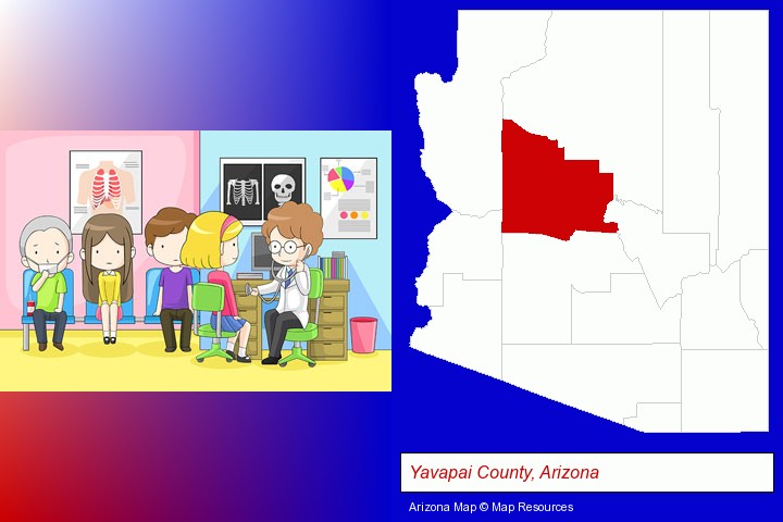 a clinic, showing a doctor and four patients; Yavapai County, Arizona highlighted in red on a map