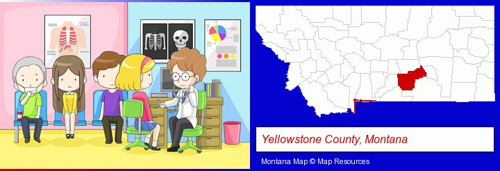 a clinic, showing a doctor and four patients; Yellowstone County, Montana highlighted in red on a map