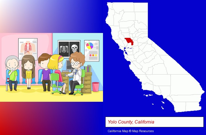 a clinic, showing a doctor and four patients; Yolo County, California highlighted in red on a map