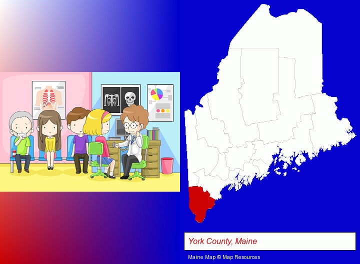 a clinic, showing a doctor and four patients; York County, Maine highlighted in red on a map