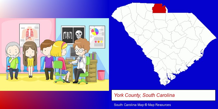 a clinic, showing a doctor and four patients; York County, South Carolina highlighted in red on a map