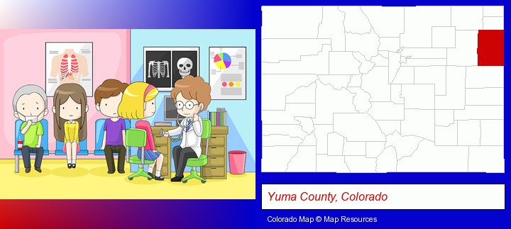 a clinic, showing a doctor and four patients; Yuma County, Colorado highlighted in red on a map