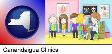 a clinic, showing a doctor and four patients in Canandaigua, NY