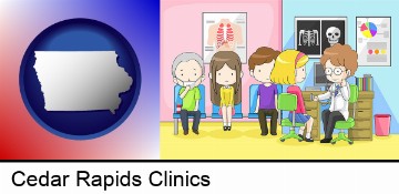 a clinic, showing a doctor and four patients in Cedar Rapids, IA