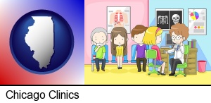 Chicago, Illinois - a clinic, showing a doctor and four patients