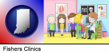 a clinic, showing a doctor and four patients in Fishers, IN