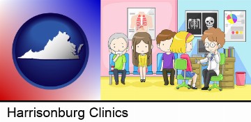 a clinic, showing a doctor and four patients in Harrisonburg, VA