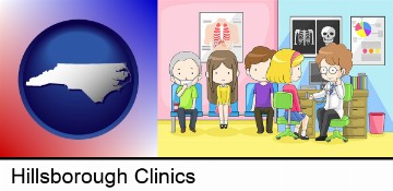a clinic, showing a doctor and four patients in Hillsborough, NC