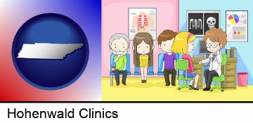 a clinic, showing a doctor and four patients in Hohenwald, TN